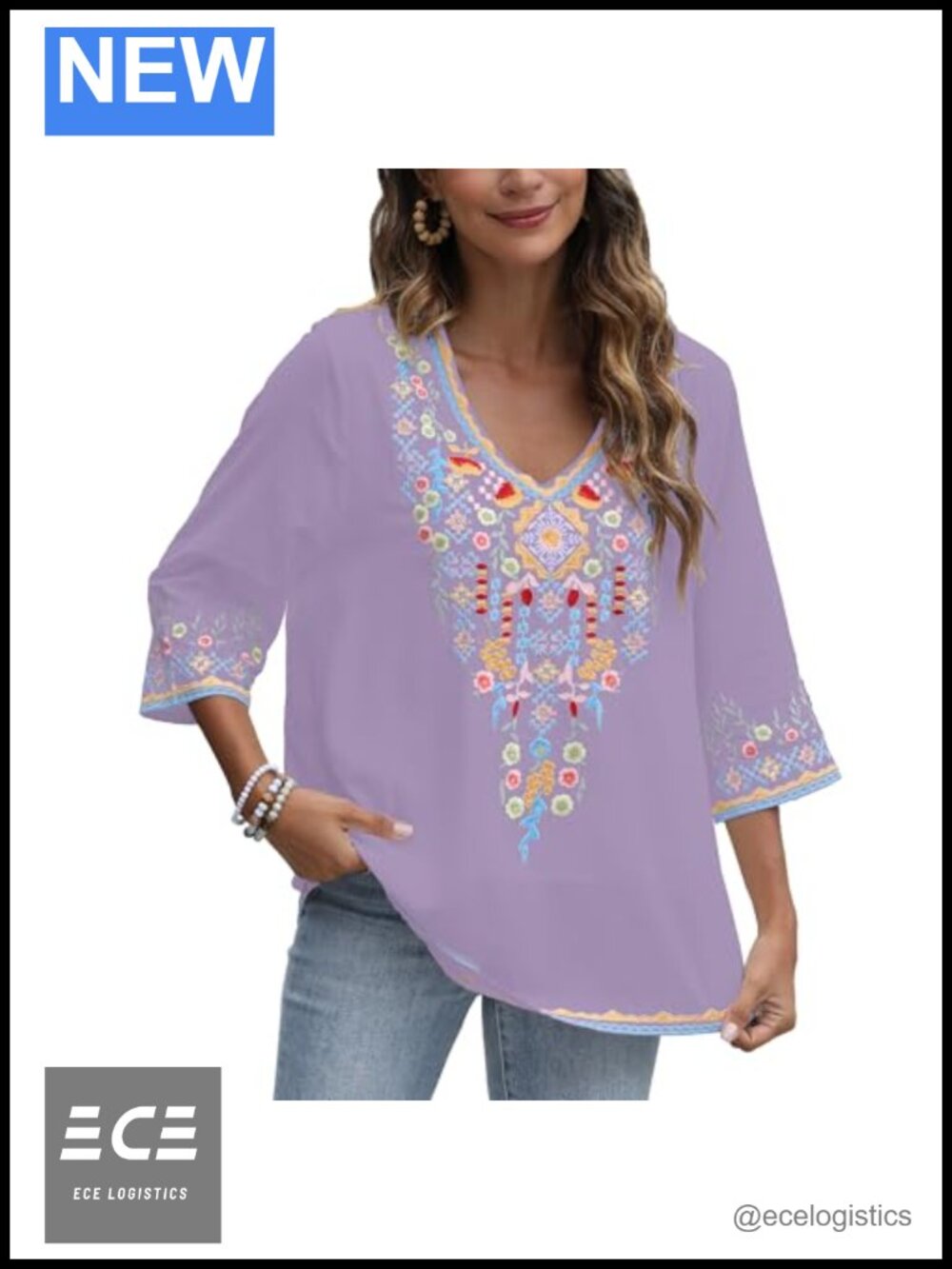 Mexican Embroidered Peasant Blouse Cotton Rayon V-Neck 3/4 Sleeve Tunic Top